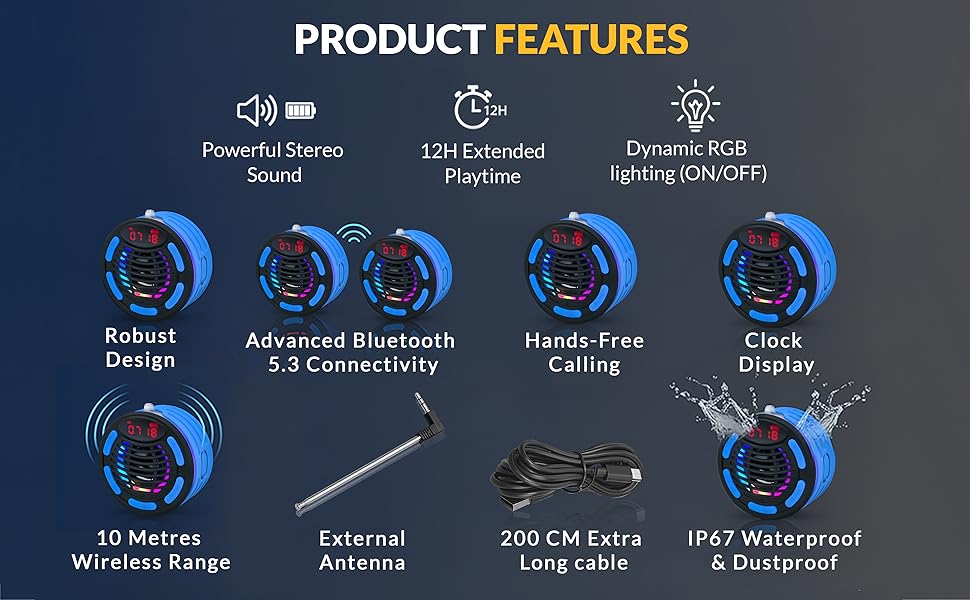 IP67 waterproof Bluetooth 5.3 speaker with 12H playtime, RGB lights, and 10m wireless range