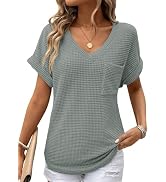 Dokotoo Womens Waffle Knit Tops 2026 Spring Summer V Neck Shirts Casual Trendy Women's Blouses Ba...