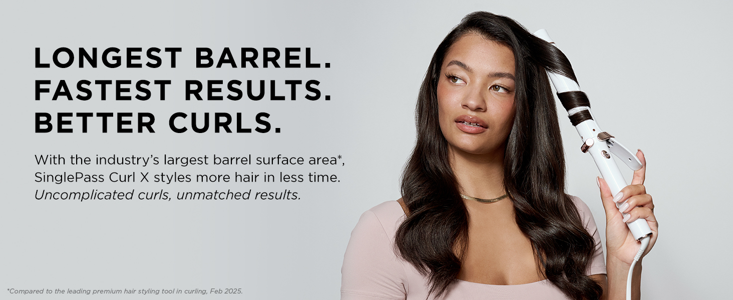 With the industry's largest barrel surface area, SinglePass Curl X styles more hair in less time.