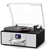 Bluetooth Vinyl Record Player with CD &amp; Internet Radio, USB Recording, 3-Speed Belt-Drive Vintage...