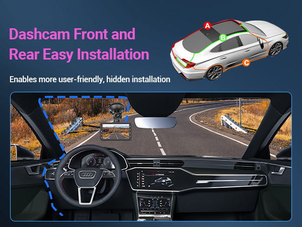 Dashboard camera installation guide showing vehicle interior and exterior mounting points, with diagram illustrating front and rear camera placement.