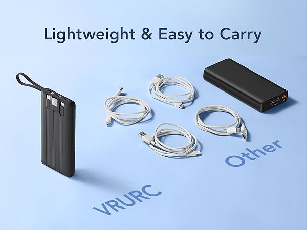 Collection of portable electronics accessories including a black power bank, multiple white charging cables, and a black rectangular device labeled as VRURC.