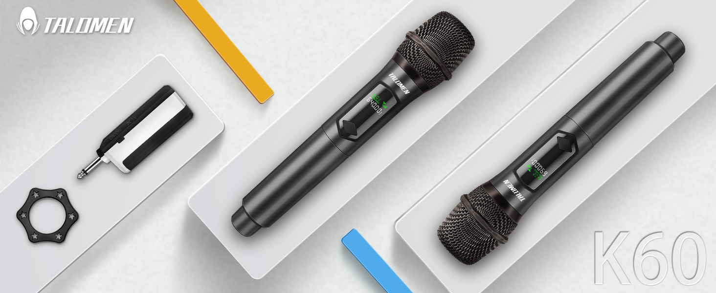Two black wireless microphones with digital displays, alongside accessories including a connector and mounting hardware. The microphones feature mesh grilles and sleek metal bodies.