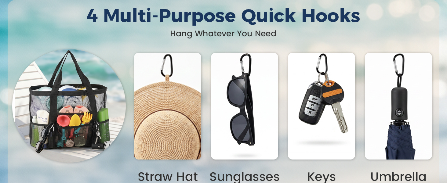 Text reads "4 Multi-Purpose Quick Hooks" with labeled items: "Straw Hat", "Sunglasses", "Keys", "Umbrella". Shows mesh organizer bag with four hook examples.