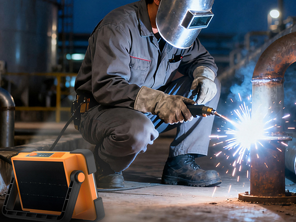 Welder fabricating metal pipe with sparks beside rechargeable LED work light on factory floor