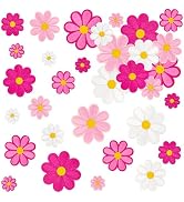 32Pcs 4 Sizes Daisy Flower Iron on Patches, Cute Pink Embroidered Floral Applique Patches for Clo...