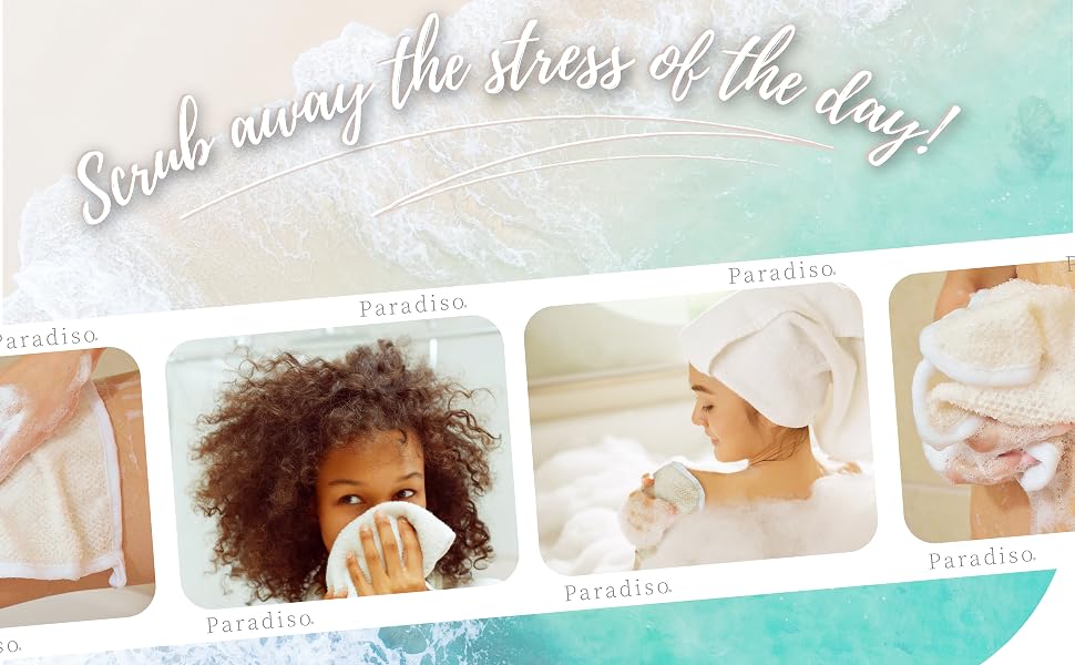 Postage stamp images of people using the wash cloths while bathing