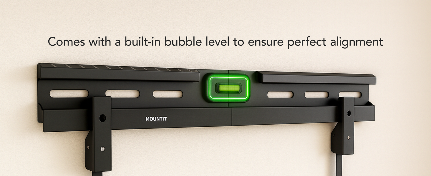 TV mount bracket features a built-in bubble level for fast, accurate alignment