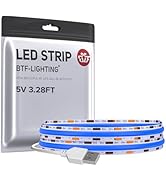 BTF-LIGHTING FCOB USB Powered Blue Color COB LED Strip Lights 3.28FT 320LEDs 5V 8mm Width 90+ Hig...