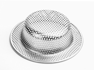 Stainless steel mesh strainer or colander shown from different angles, displaying its perforated dome shape and wide rim design.