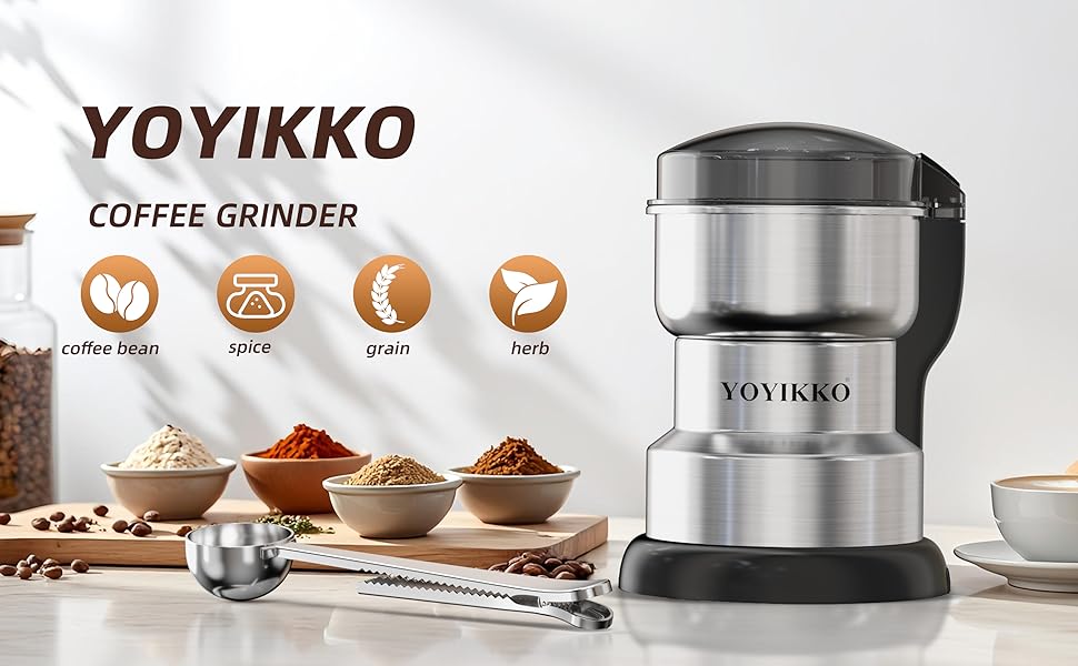 Series of product photos showing a silver and black coffee grinder from multiple angles, with coffee beans and ground coffee demonstrations.
