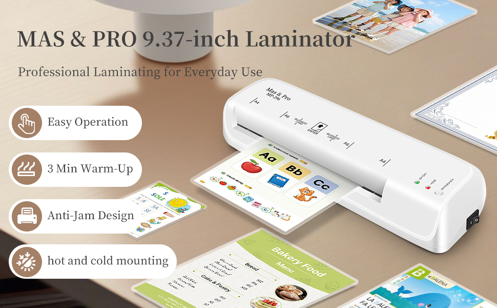 MAS &amp; PRO laminator on a desk with four features: easy use, 3-min warm-up, anti-jam, hot and cold