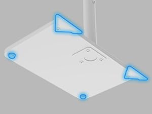 Technical diagram showing a rectangular surface with blue triangle markers at corners and circular attachment points.