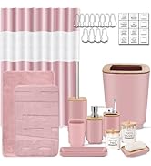 IMAVO Complete Pink Bathroom Set,Non Slip Super Absorbent Rugs &amp; Waterproof Shower Curtain with H...