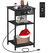 WLIVE Black End Table with Charging Station, Slim Night Stand with 3 Storage Shelves, Small Side ...