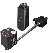 Multiple views of a black knife sharpener tool with metal rod and ergonomic handle, showing different angles and assembly positions.
