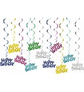 12 Pack Happy Birthday Hanging Swirl Decorations, Colorful Metallic Foil Ceiling Streamers with C...