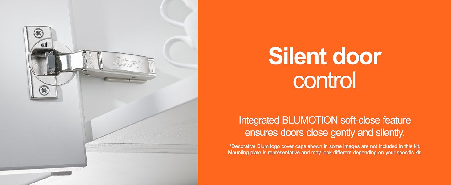 A close-up of a door hinge installed in a white cupboard. Text reads: Silent door control.