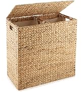 Casafield 2-Section Laundry Hamper with Removable Liner Bags - Natural, Woven Water Hyacinth Doub...
