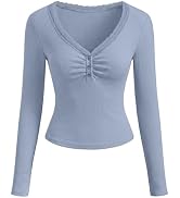 MEROKEETY Women's 2026 Fall Long Sleeve Tops V Neck Lace Trim Ruched Ribbed Button Henley Shirts ...