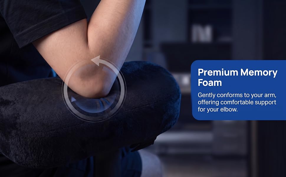 Elbow resting on memory foam pad, highlighting pressure relief and support.