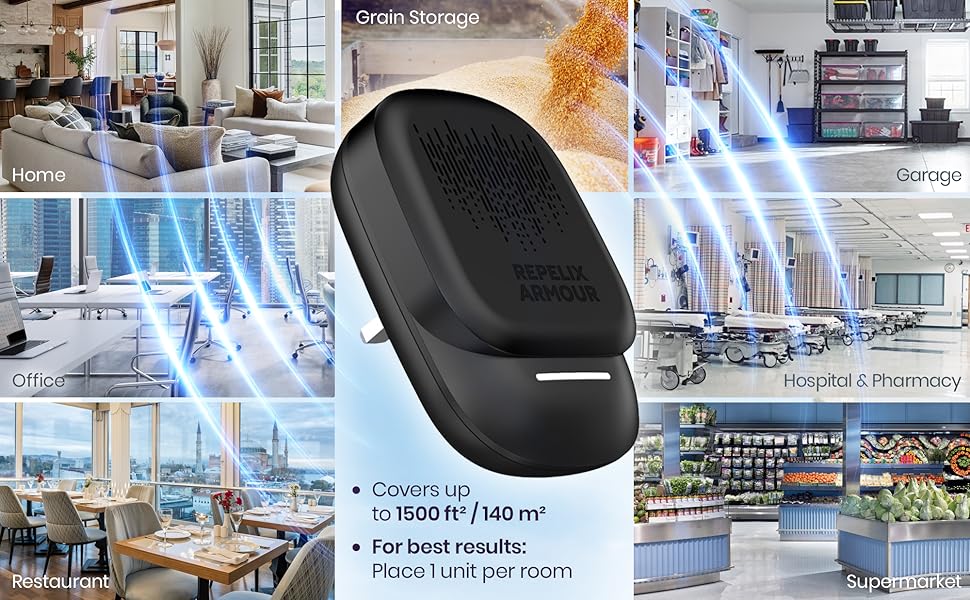 Text reads 'Grain Storage', 'Home', 'Garage', 'Office', 'Hospital + Pharmacy', 'Restaurant', 'Supermarket'. Collage showing UV sanitizing device with coverage 'to 1500 ft² / 140 m²' and instruction 'For best results: place 1 unit per room'.