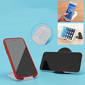 Phone and tablet stands displayed on blue background. Main image shows red-framed phone on white stand. Inset images demonstrate usage with different devices.