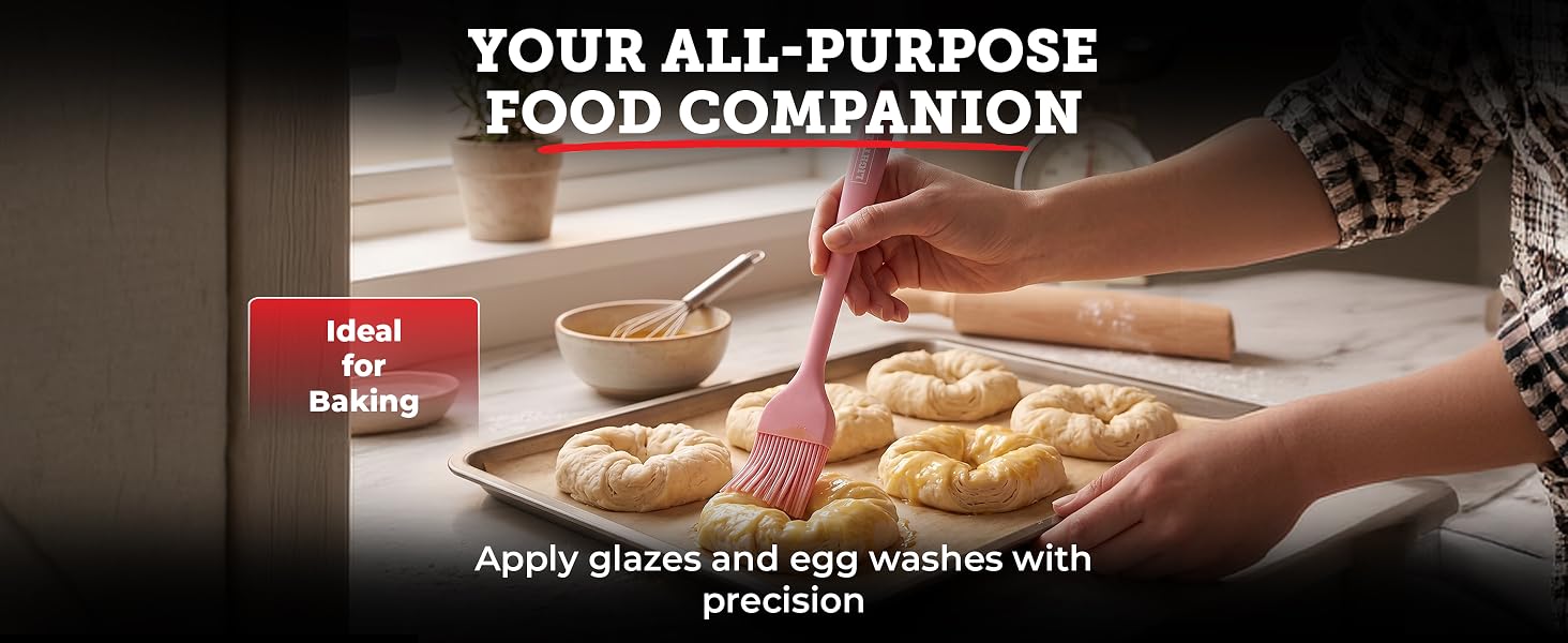 silicone brush being used for baking, BBQ glazing, and oil basting across different dishes