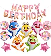 PartyWoo Baby Shark Family Foil Balloons 13pcs Baby Shark Family Pink Round Star Mylar Happy Birt...