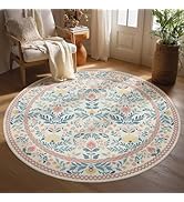 Joydeco Boho Floral Washable Circle Area Rug for Bedroom Nursery, Light Pink Flower Round Rugs 5f...