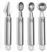 Riveira Melon Baller Scoop Set Stainless Steel 4-Piece Carving Knife Watermelon Cantaloupe Scoope...