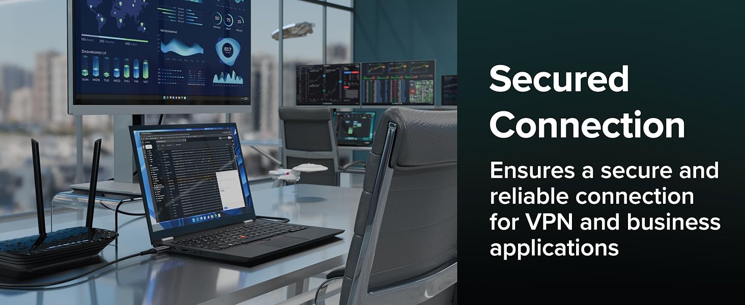 Ethernet switch connected to a tablet with a high speed Ethernet cable for secure VPN access