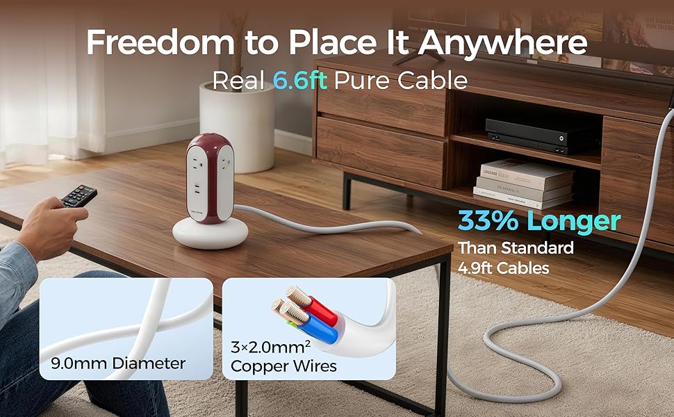 Power strip with 6.6ft extension cord and thick copper wire for stable power in living rooms.