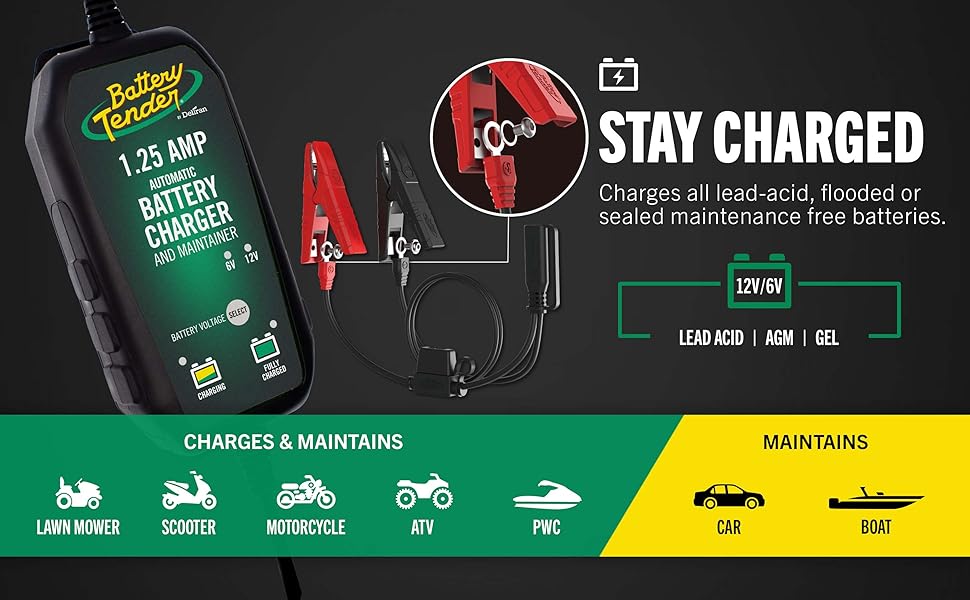 Battery Tender 12V or 6V Selectable Battery Charger Maintainer Trickle Charger Motorcycles Automatic