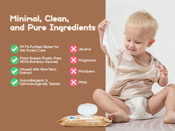 Pure 99.7% water bamboo wipes, alcohol-free and plastic-free tissue for sensitive newborn care.