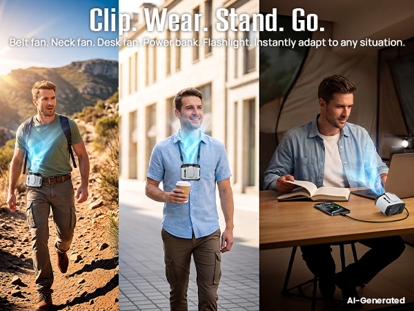 Versatile belt fan for men clips to a belt, stands on a desk, or hangs for hands-free use