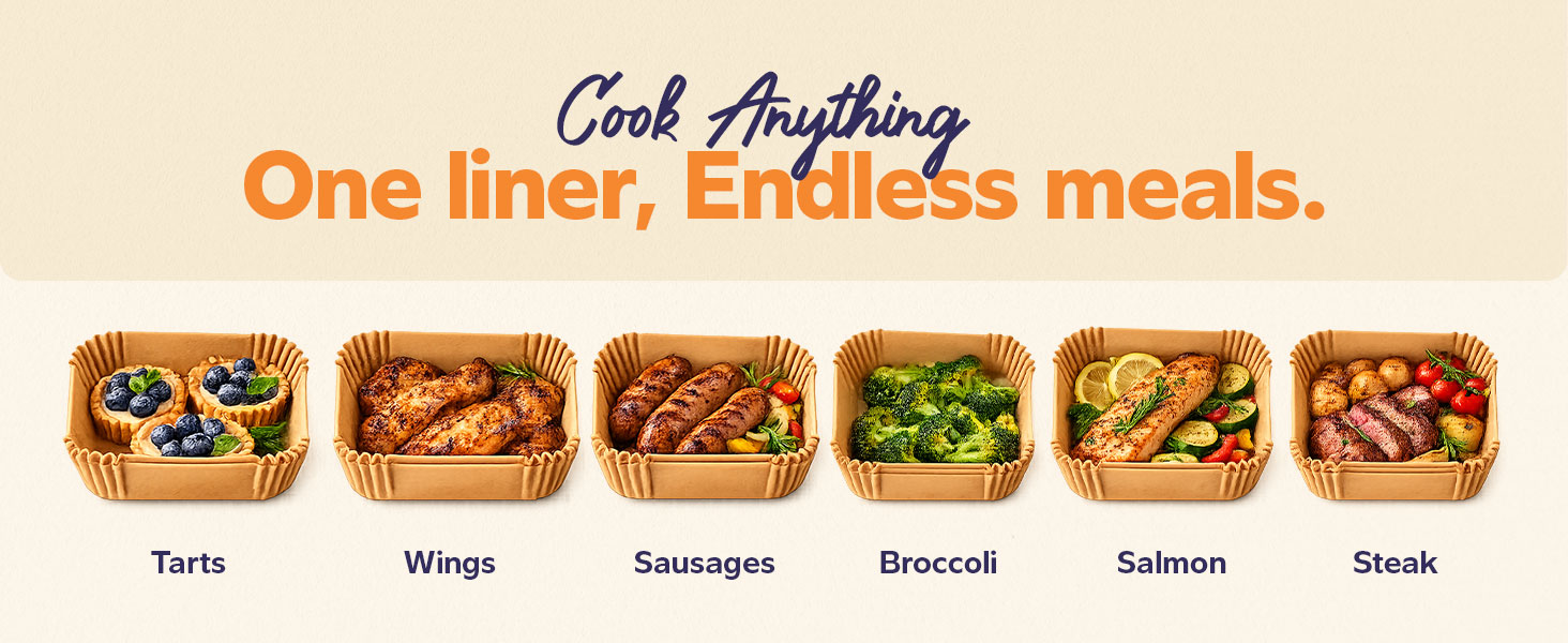 Gusto air fryer liner features unbleached kraft, thicker build, leakproof, 450F safe