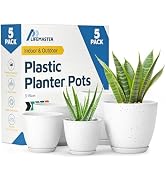 White Gray Plant Pots with Drainage Holes &amp; Saucers 5 Pack, Indoor &amp; Outdoor Stackable Space-Savi...