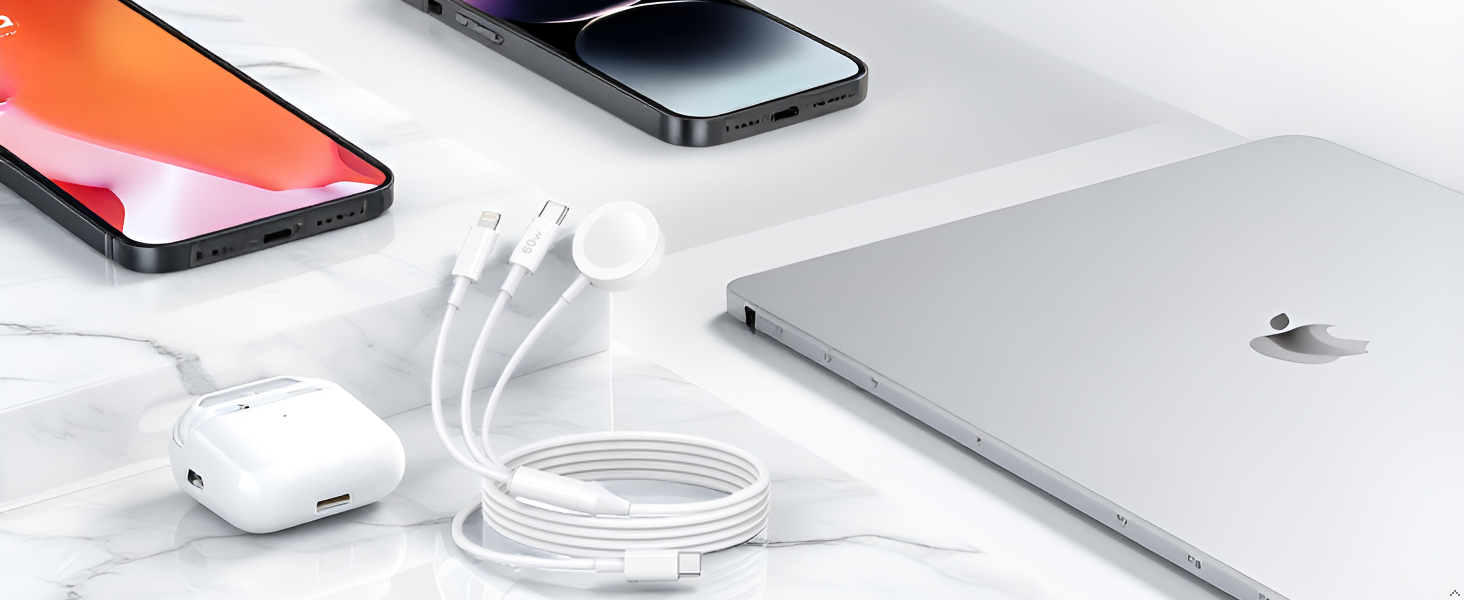 A minimalist desk setup with a sleek laptop, smartphone, and smartwatch arranged on a clean white su