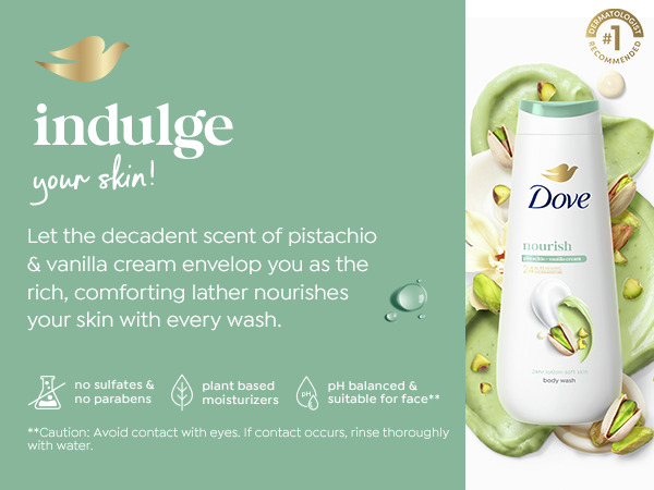 Dove body wash with pistaschio on white backdrop.
