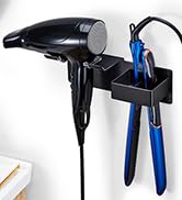 Wall-mounted holder featuring black and blue components, designed to hold hair styling tools like dryers and straighteners.