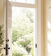 Interior photograph showing white sheer curtains on window with natural daylight filtering through, displayed in light residential room setting.