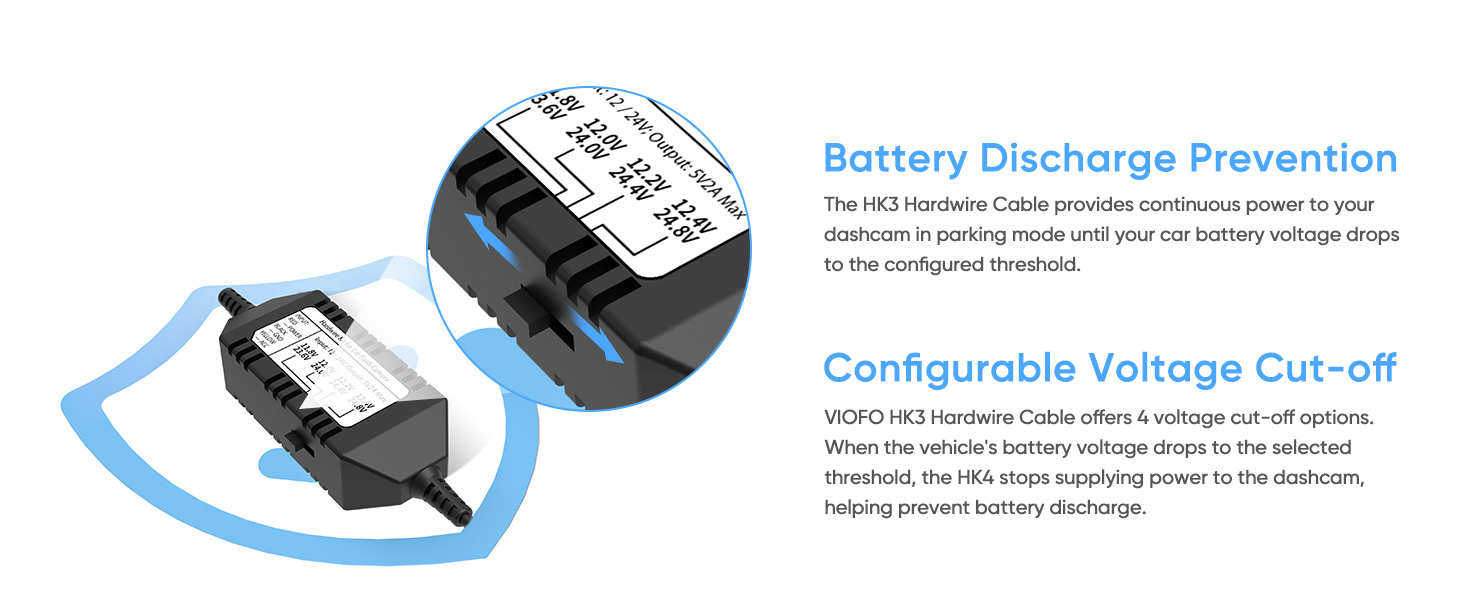 HK3 hardwire cable prevents battery drain: 4 voltage cut-off options for safe parking mode power.