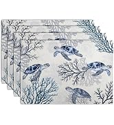 Coastal Beach Placemats Set of 4 Nautical Theme Coral Sea Turtle Navy Blue Place Mat 12x18 Inch S...