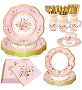 168 PCS Flower Tea Party Supplies, Pink Vintage Floral Paper Plates Napkins Cups Cutlery for 24 G...