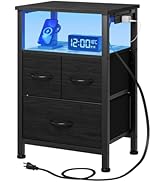 Furnulem Black Nightstand with Wood Shelf, Bedside Table with Led Light and Charging Station, 25....