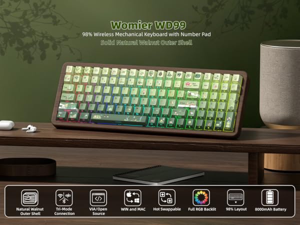 98% Wood Creamy Keyboard with Number Pad, Wireless Frog Keyboard Mechanical Gaming Keyboard