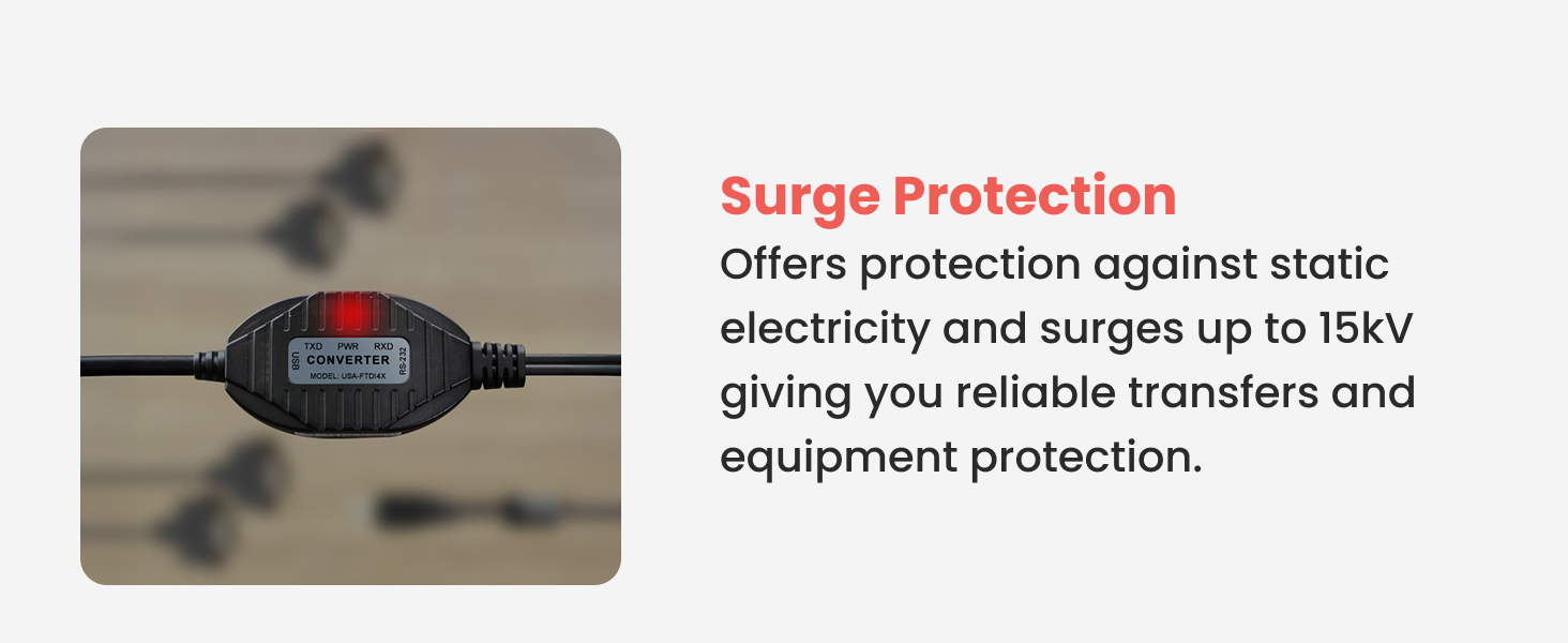 Surge protection USB to RS232 serial adapter with power LED, static and surge shielding