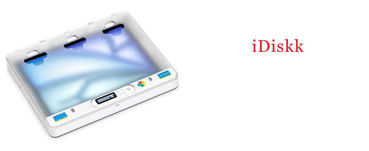 Text reads 'iDiskk'. White portable tablet or digital device with blue screen display shown at angle.