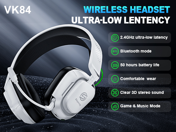 Text reads 'VK84 WIRELESS HEADSET ULTRA-LOW LATENCY' with feature list: '2.4GHz ultra-low latency, Bluetooth mode, 40 hours battery life, Comfortable wear, Clear 3D stereo sound, Game &amp; Music Mode'